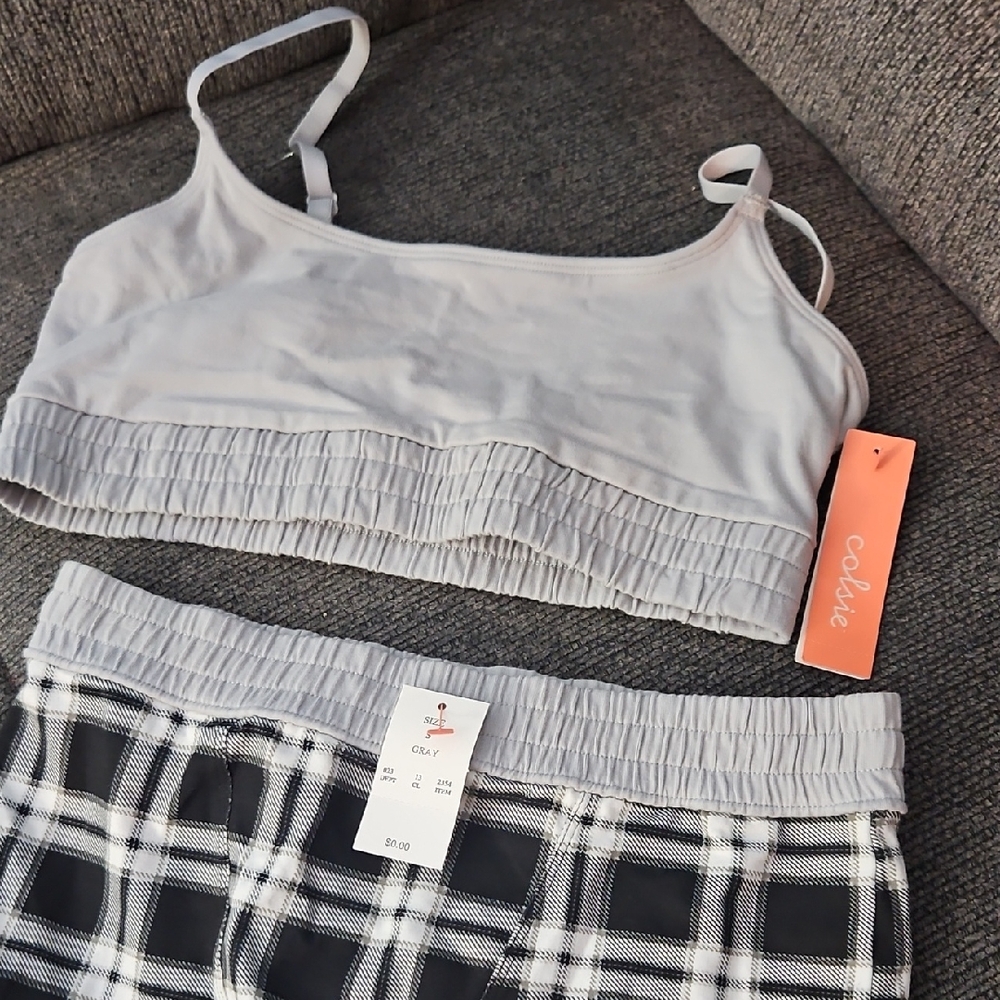 Colsie Light Gray Bralette and Black Plaid Shorts Set